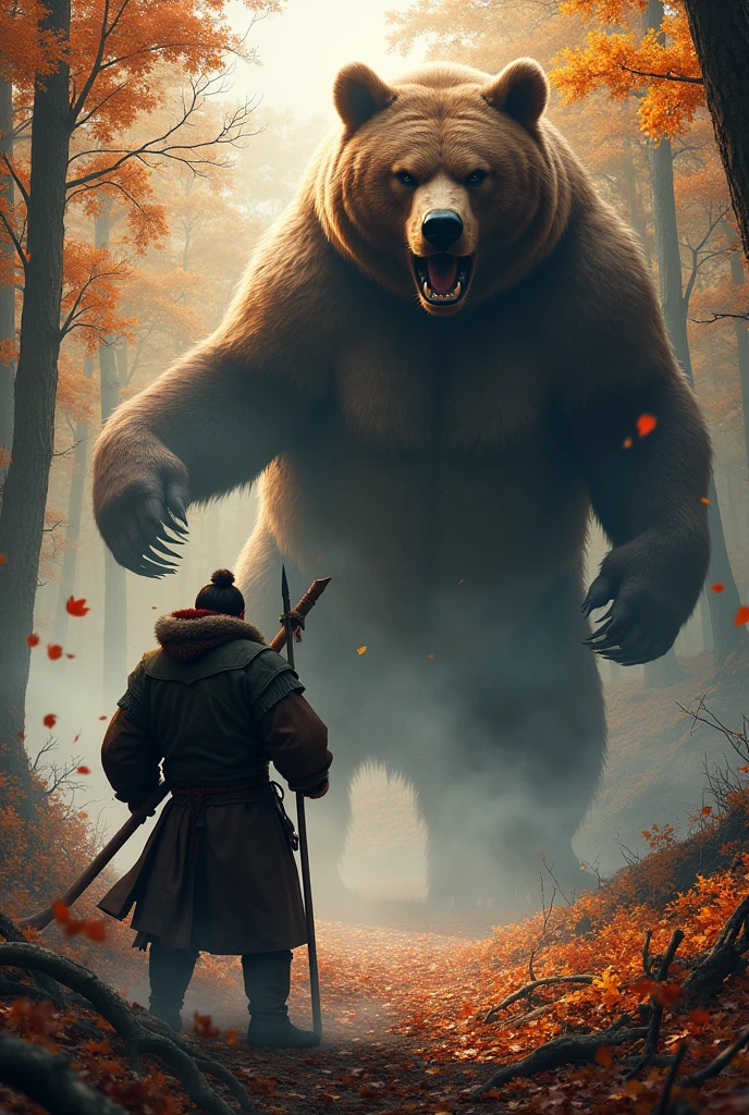 A tense and dramatic scene set in the dense forests of Akita Prefecture, where a determined hunter stands face-to-face with a massive brown bear (Higuma). The hunter, clad in traditional clothing and wielding a long spear, prepares to defend himself as the bear rears up on its hind legs, roaring with ferocity. The forest around them is thick with autumn colors, and the ground is covered with fallen leaves, adding to the intensity of the encounter.