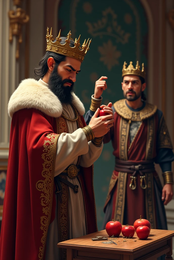 The king cut his finger while cutting the apple The king bandaged it nicely With the minister, the minister raised his hand to the sky and said something