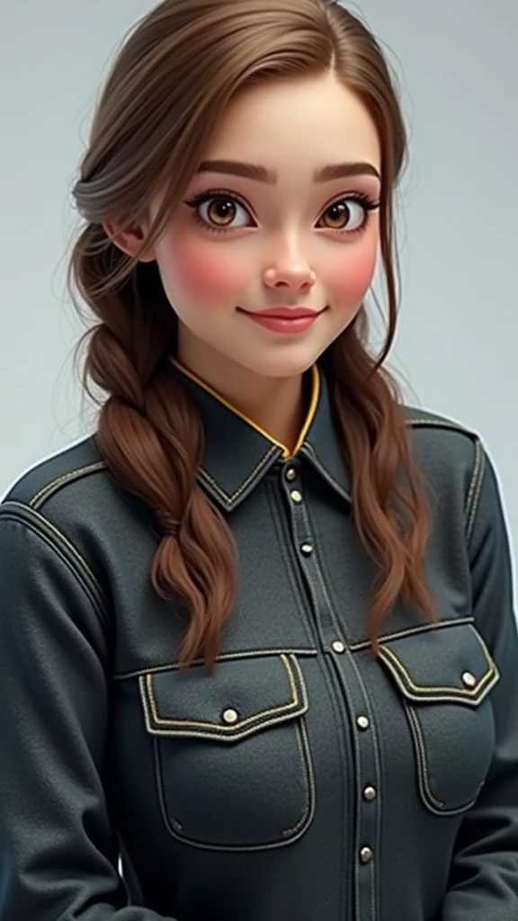 Turn this image into a portrait with a 3D image in Pixar format, put on a white polo shirt with a yellow collar and a gray bottom!