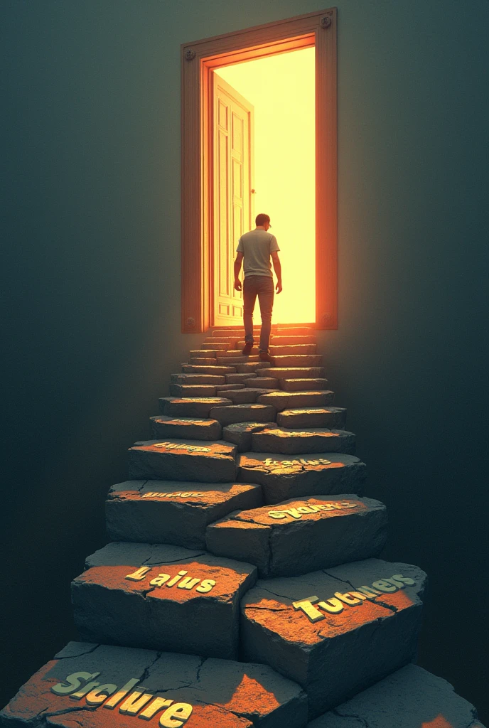 A person climbing stairs made of broken pieces or stepping stones labeled "Failure," but each step brings them closer to a bright door labeled "Success."