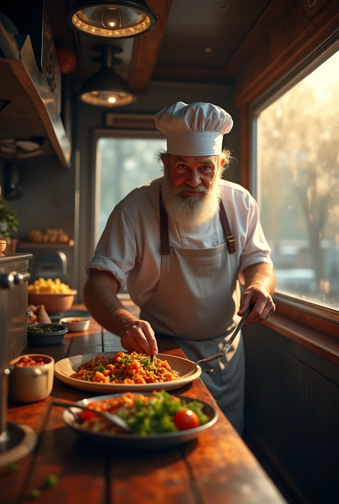 First person vision of a old man chef serving a person food inside the food truck most realistic digital art 8k ultra