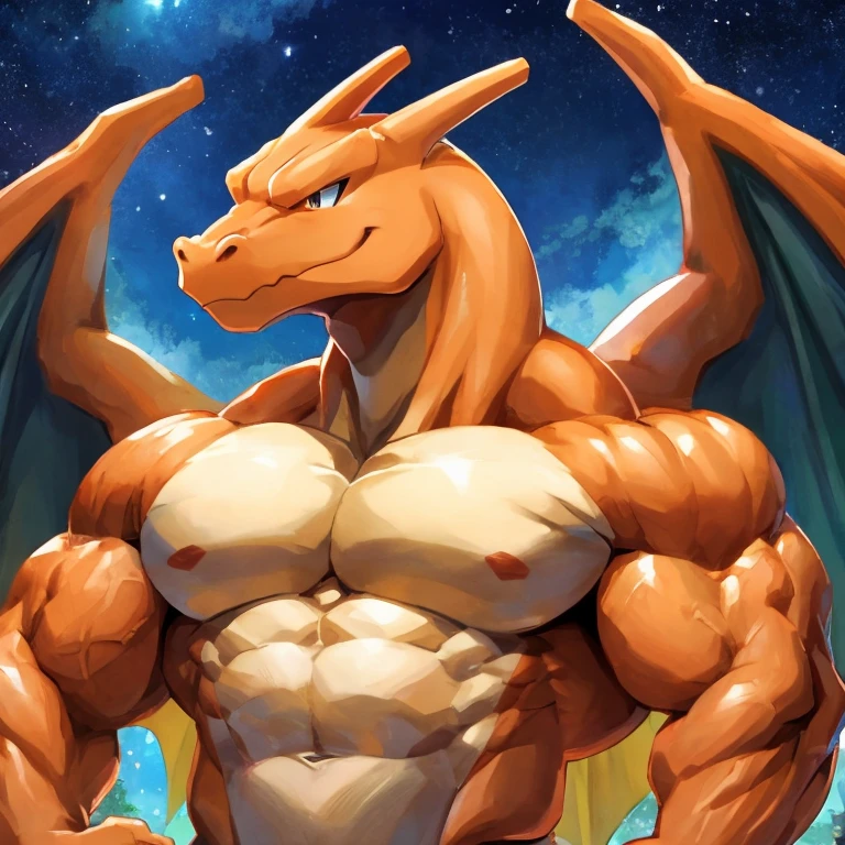 Charizard(Pokémon)、dinosaur、official、anime、Night Sky、Dynamically、Cool、Orange、smile、muscle、whole body