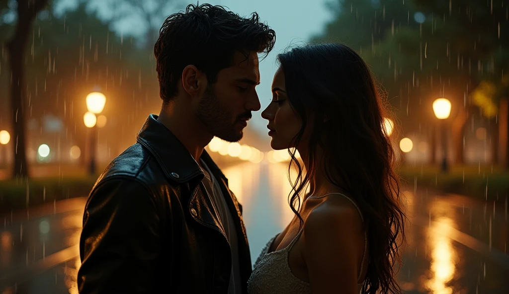 Rainy night in the park、A beautiful woman and a handsome man stare at each other