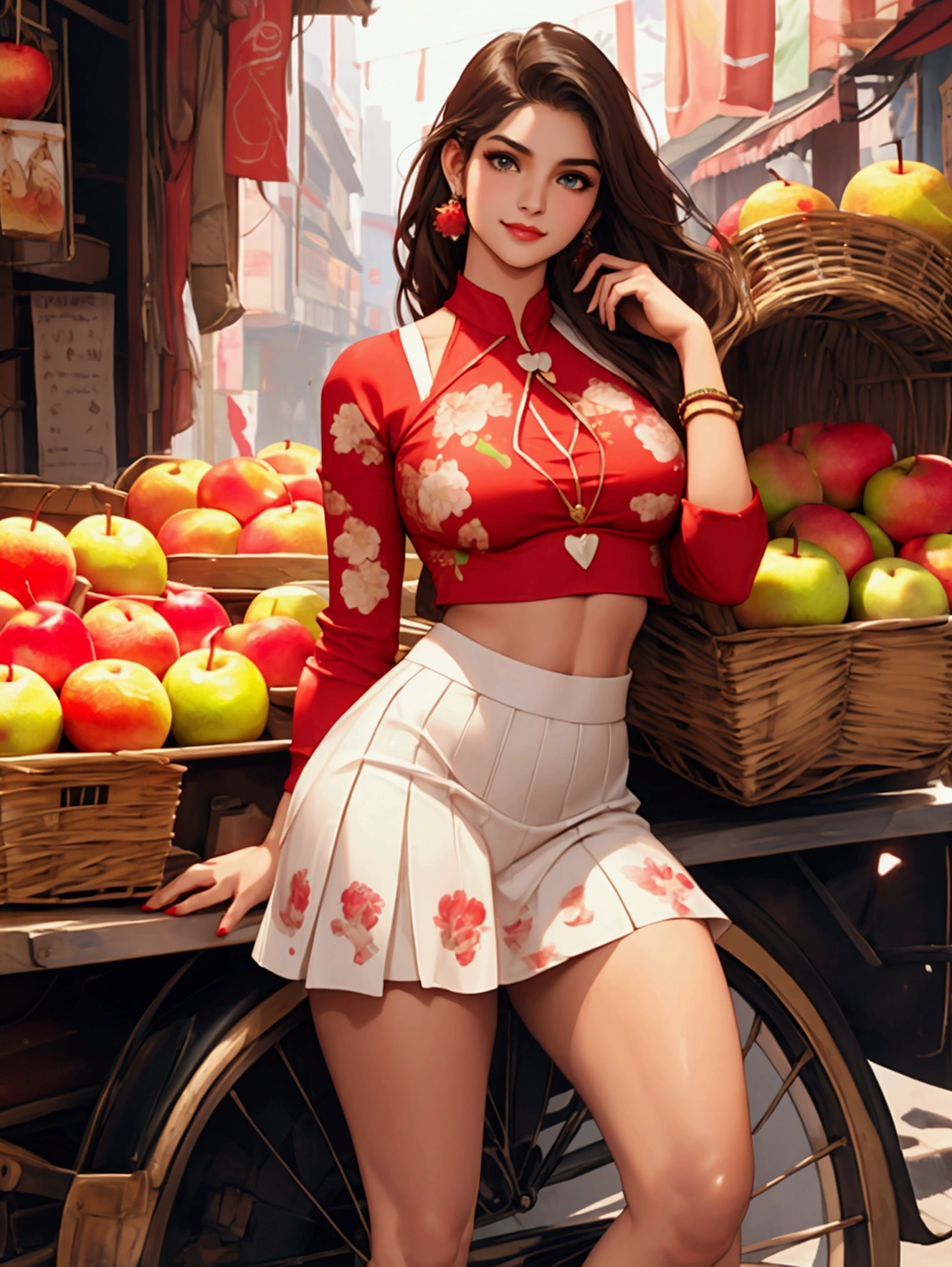(1 woman) (((solo))) ((Anne Hathaway:Selena gomez:0.7))), very beautiful, charming face,, delightful smile, seductive smile, wearing a red crop top with Heart Printed, and a white mini skirt, thick thighs, broad shoulders, deep cliveage, big round breasts:1.4, standing outside a street vendor ((fruit vendor)) shot with canon 55mm lens, f/1.8, uhd, hyper detailed, hyper realistic, uhd, professional hands and legs, beautiful eyes, indian makeup