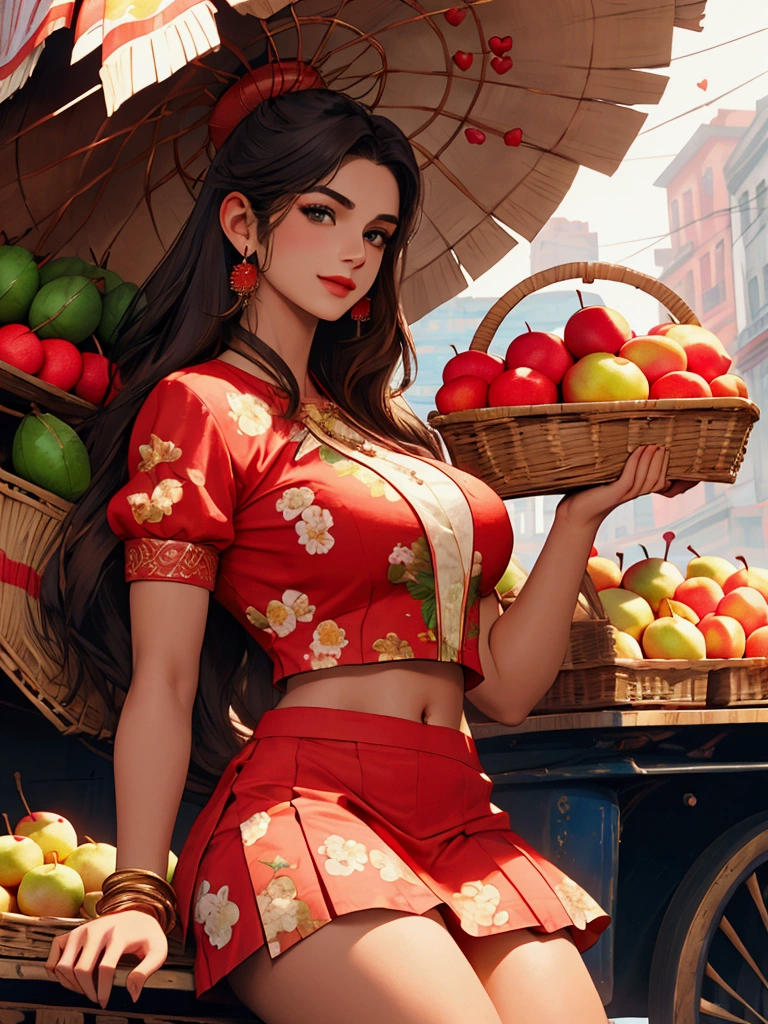 (1 woman) (((solo))) ((Anne Hathaway:Selena gomez:0.7))), very beautiful, charming face,, delightful smile, seductive smile, wearing a red crop top with Heart Printed, and a white mini skirt, thick thighs, broad shoulders, deep cliveage, big round breasts:1.4, standing outside a street vendor ((fruit vendor)) shot with canon 55mm lens, f/1.8, uhd, hyper detailed, hyper realistic, uhd, professional hands and legs, beautiful eyes, indian makeup