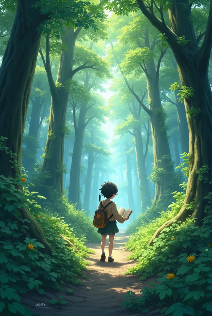 Anime in the green forest with book