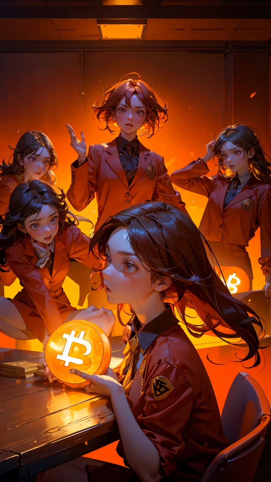 A room engulfed in intense flames with a bright orange and red background, stacks of golden coins scattered around, and large Bitcoin symbols floating in the air. Multiple beautiful, cute girls in business suits, each with different hairstyles and facial expressions, are sitting around a wooden table. They have a panicked and stressed look, wide-eyed with open mouths, as they look at a stock market chart on the table labeled 'BUY HIGH, SELL LOW'. The girls are in various poses, some raising their hands in frustration, some holding their heads, and others nervously sweating. The atmosphere is chaotic, with a sense of financial crisis. Ethereum and Bitcoin symbols are glowing in the background, adding to the dramatic tension.