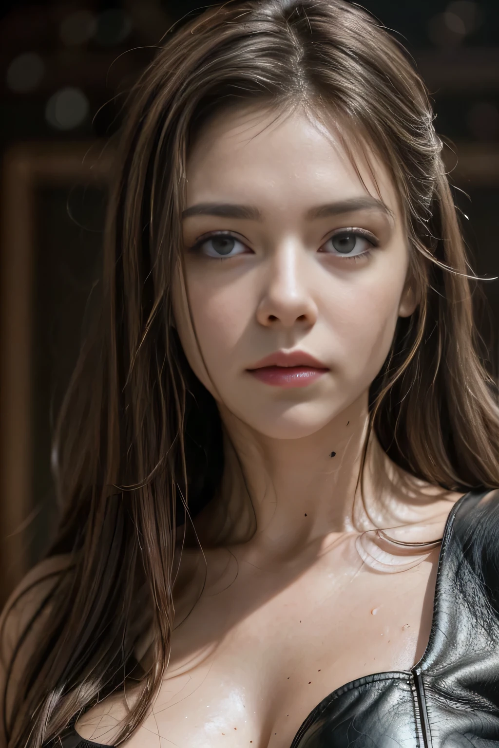 8k,best qualityer, work of art, ultra high resolution, (photorrealistic:1.4), CRU photo, (Authentic leather texture:1.3), (film grain:1.3),1 girl, long messy hair, chestnut hair, beautiful detailed eyes and face,work of art, best qualityer, Gina Holden, taylor cole, powerful witch, darkness background