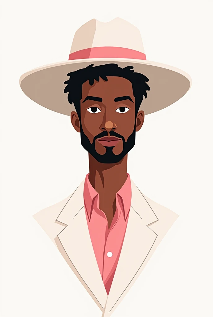 um homem adulto, dark-skinned, with short wavy hair and stubble, wearing a white samba hat with a pink band, he also wears a white suit with a pink shirt underneath, the illustration must be in a corporate flat style, 2d style without any details, no details at all, the man must be an adult without any cute details or  