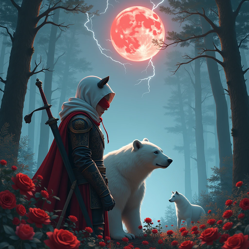 Male knight with a white hood with bear ears with sword behind his back sits towards a polar bear in a forest while the moon shines, many Roses cover the ground and lightning falls from the sky. The polar bear has black eyes and a calm appearance. Only the man wears a red blindfold. In the background of the picture is the blood moon. The forest is full of trees with leaves. The armor of the man is black and red roses decorate it. The knight smells on a rose. In.the far there is a white wolf looking at the bear and knight.