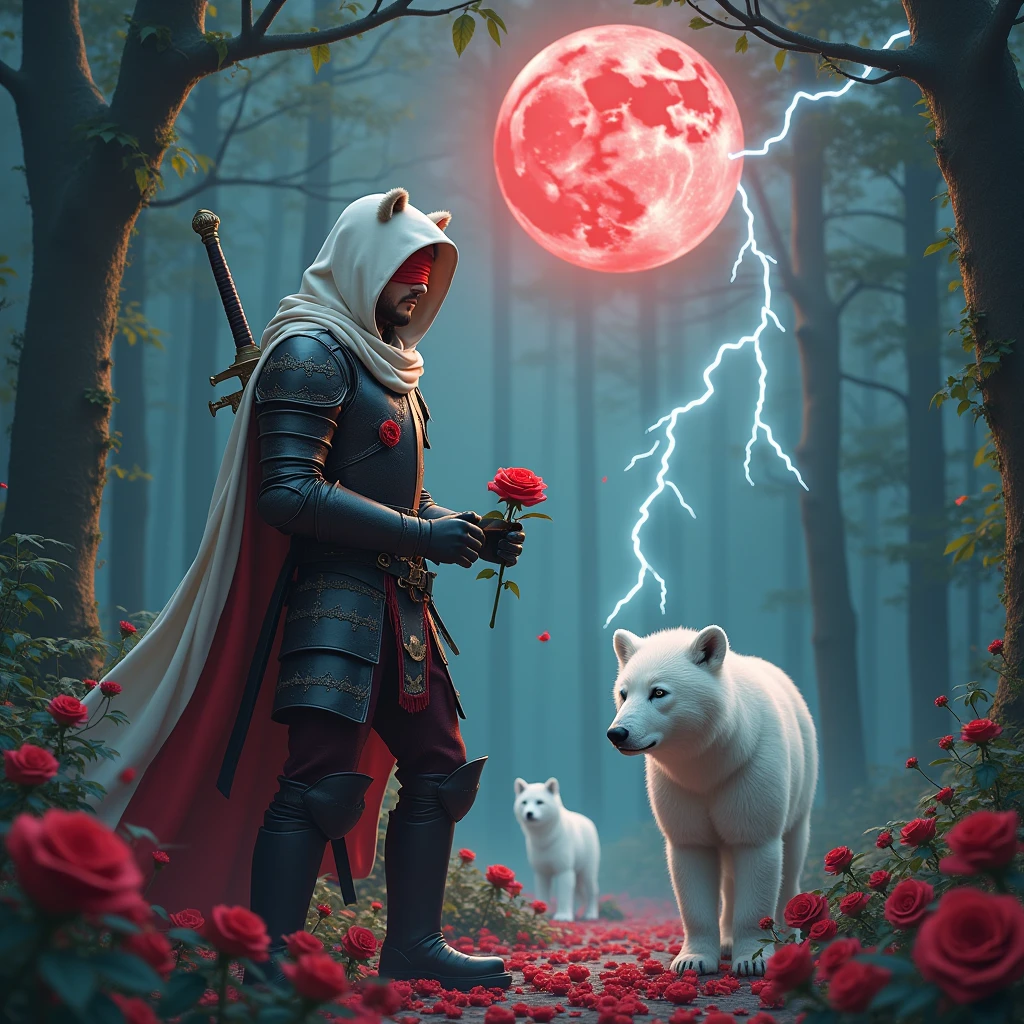 Male knight with a white hood with bear ears with sword behind his back sits towards a polar bear in a forest while the moon shines, many Roses cover the ground and lightning falls from the sky. The polar bear has black eyes and a calm appearance. Only the man wears a red blindfold. In the background of the picture is the blood moon. The forest is full of trees with leaves. The armor of the man is black and red roses decorate it. The knight smells on a rose. In.the far there is a white wolf looking at the bear and knight.
