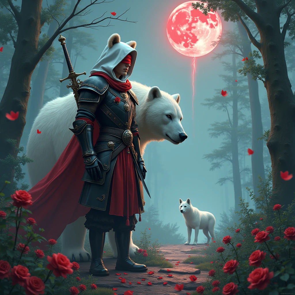 Male knight with a white hood with bear ears with sword behind his back sits towards a polar bear in a forest while the moon shines, many Roses cover the ground and lightning falls from the sky. The polar bear has black eyes and a calm appearance. Only the man wears a red blindfold. In the background of the picture is the blood moon. The forest is full of trees with leaves. The armor of the man is black and red roses decorate it. The knight smells on a rose. In.the far there is a white wolf looking at the bear and knight.