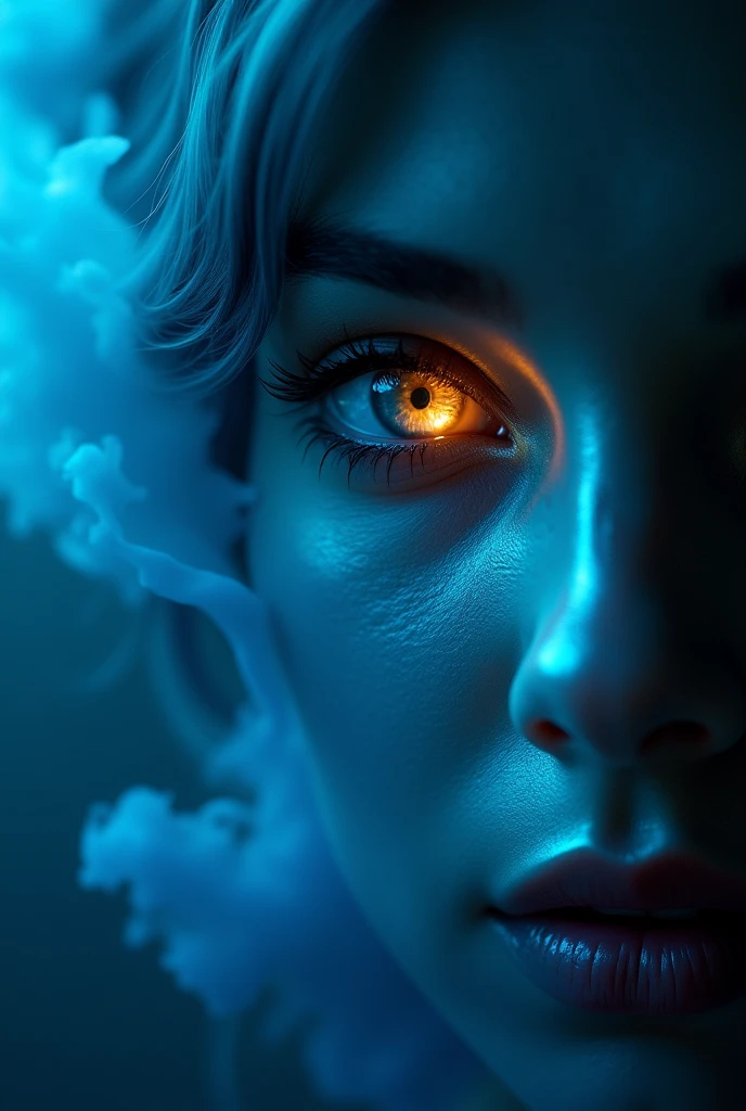 A majestic work of art, a commissioned woman, intricately detailed, with an intense, piercing gaze emanating from her singular, striking eye, set against a backdrop of ethereal, swirling blue smoke that appears to shift and undulate as if alive, illuminated by a cinematic lighting scheme that casts dramatic, high-contrast shadows and highlights, evoking a sense of mystery and the otherworldly, with each element expertly rendered in exquisite, high-definition detail, exuding a sense of artistic mastery and visual sophistication. (((light and shadow from a  glowing light source on her face)))