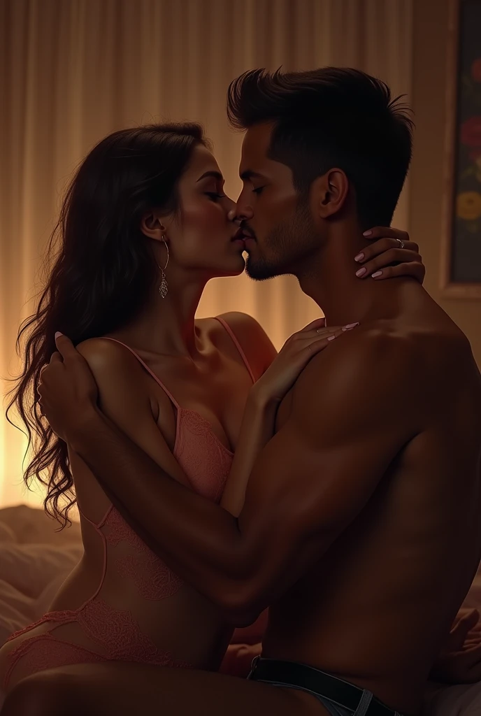 A beautiful girl kissing a guy erotically
