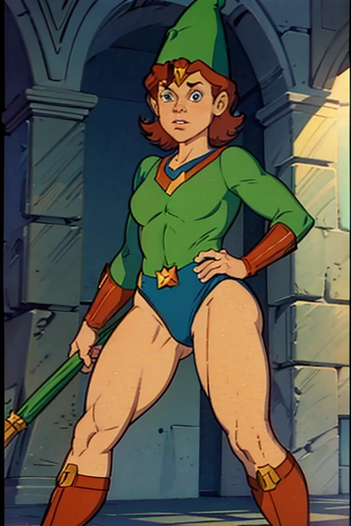 a redhead cartoon character, wonder woman outfit, green diaper, very muscular, male wizard, 1980s cartoon, animated episode still, Presto (((mad))), ((Wears a wizard hat))