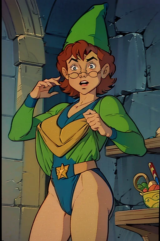 a redhead cartoon character, wonder woman outfit, green diaper, very muscular, male wizard, 1980s cartoon, animated episode still, Presto (((mad))), ((Wears a wizard hat))