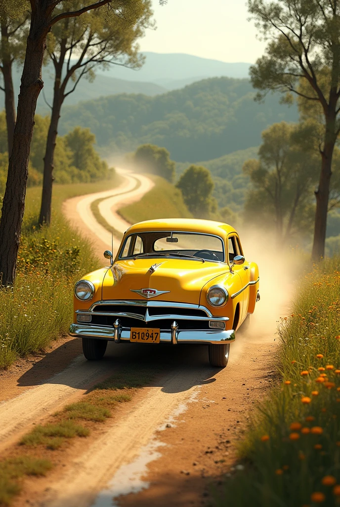 Yellow car on a dirt road 