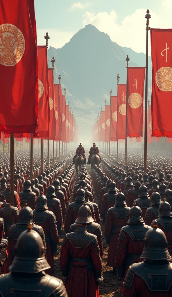 Generate a breathtaking scene of an expansive battlefield, showcasing the grand Tang Dynasty army at its peak, with 635,000 soldiers assembled. The soldiers are clad in traditional Chinese armor, intricately detailed with iron and leather, standing in perfectly disciplined rows. Their armor gleams under the sunlight, reflecting the readiness for battle. Tall, imposing banners bearing the Tang Dynasty's emblem wave proudly in the wind, their vibrant colors contrasting against the natural backdrop. Commanding generals on horseback oversee the troops, their presence adding authority to the scene. The background features majestic mountains rising in the distance, and a serene river meandering through the landscape, adding depth and grandeur to the setting. The atmosphere is a mix of anticipation and determination, capturing the might and organization of one of the largest armies in history.