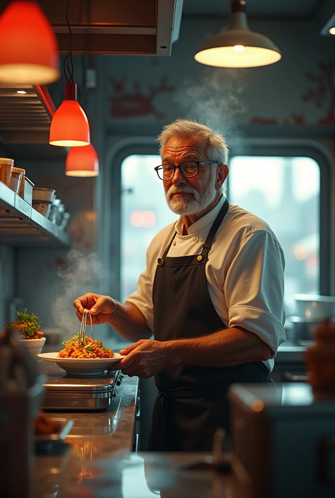 First person vision of a old man chef serving a person food inside the food truck most realistic digital art 8k ultra