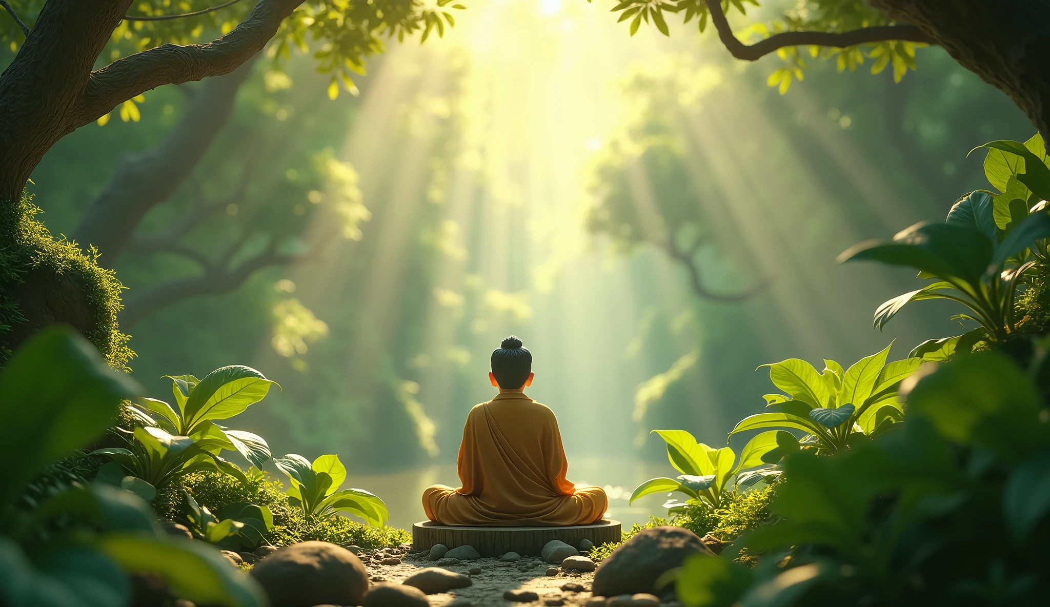 a serene natural a 2 budha setting, sunlight filtering through leaves, individual in contemplative pose, 1 person, detailed face, lush foliage, natural lighting, cinematic shot, photorealistic, intricate details, atmospheric, breathtaking landscape, vibrant colors, (best quality,4k,8k,highres,masterpiece:1.2),ultra-detailed,(realistic,photorealistic,photo-realistic:1.37),HDR,UHD,studio lighting,ultra-fine painting,sharp focus,physically-based rendering,extreme detail description,professional,vivid colors,bokeh,landscape,