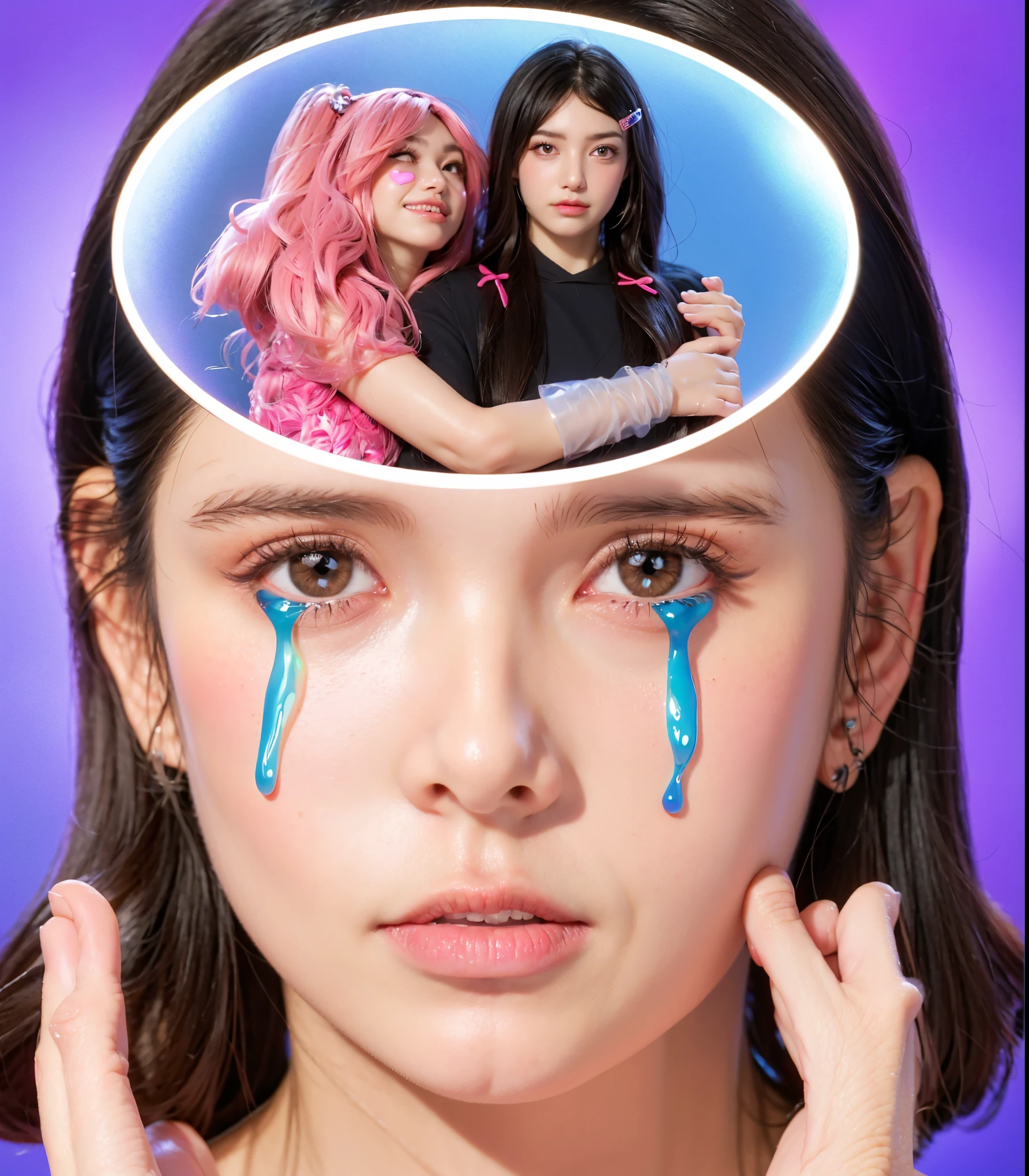 The image shows a young girl in the center, crying with blue tears and looking very sad. On her left is a cheerful woman in pink, smiling and making a heart shape with her hands, surrounded by pink hearts. On the right is a woman dressed in black, looking angry and confrontational, with a dark, rainy background. The girl is caught between these two contrasting emotions. (glossy plastic texture with multiple big light probe refractions), perfect cgi, smooth silhouette, high intensity refraction, (super glossy plastic material), most beautiful vfx, , realistic, 4k, high resolution, rim light, smooth 3d model, multiple light sources, rim light, sharp post effects render,, realistic, 4k, high resolution, rim light detailed digital art, reflective, best quality, 4k, masterpiece:1.2, ultra-detailed, realistic, vivid colors, The image of the highest quality, ensuring every detail showcased perfectly. It in 4k resolution, allowing viewers to immerse themselves in the richness of the colors and intricate details. The realistic rendering. under the spotlight, reflecting, high-resolution image, realistic rendering