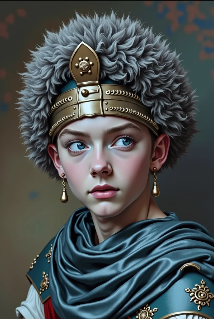 {{Masterpiece, best quality, oil painting, by Franz von Stuck, male focus, muted colors}}, the composition is: (((a dramatic half body portrait of a 20 years old ancient Roman soldier, sexy, magnificent, wearing a beige Russian fur hat, he is wearing a red diamond shape pendant))). ((((He is wearing a dark green lorica uniform made of velvet and alligator leather, with ronin inspired elements, Slavic inspired elements, wearing a satin sash))).
