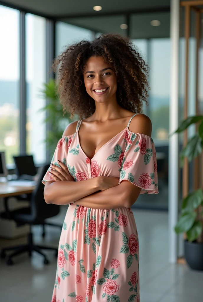 A Brazilian woman wearing a floral dress, curly hair, full lips in an office 