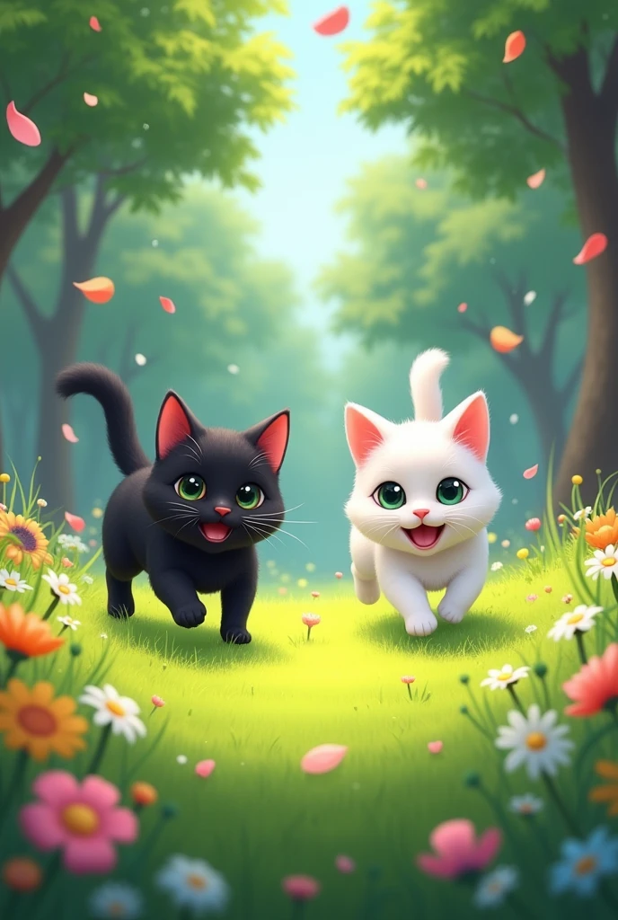 White and black cat playing in a park with flowers and trees 
