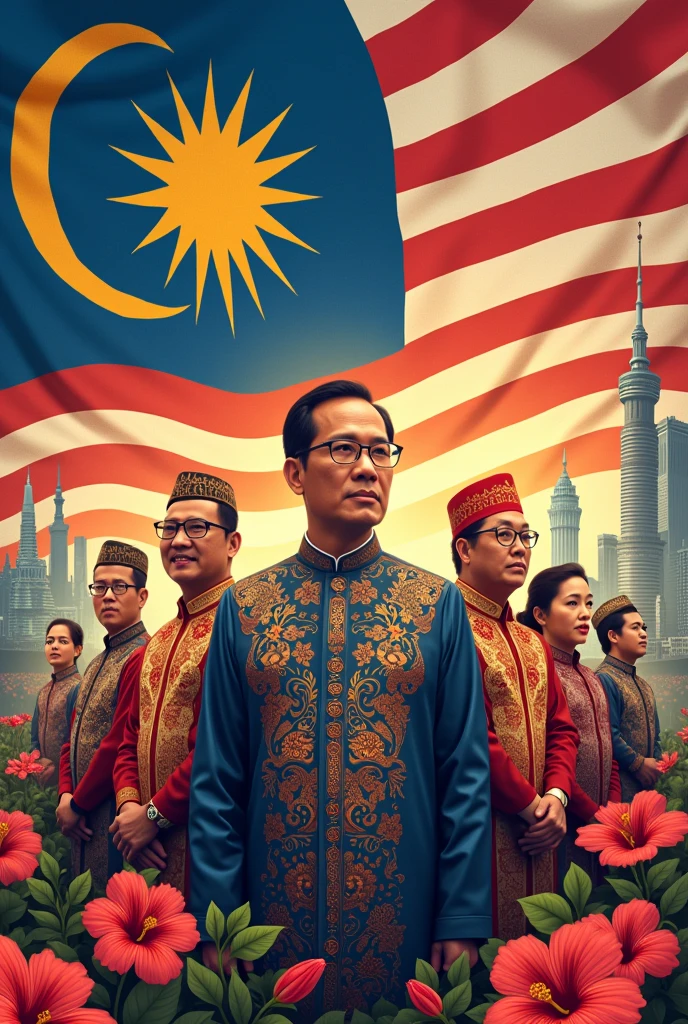 For Malaysia Independence Day, the poster showcases the Jalur Gemilang waving proudly in the background, symbolizing the nation's spirit and unity. Prominent figures like Tunku Abdul Rahman stand alongside iconic landmarks, while a diverse group of people in traditional attire celebrates the country's rich cultural heritage. Traditional motifs such as batik patterns and the Hibiscus flower weave through the design, highlighting Malaysia's unique identity. The vibrant colors of the national flag tie the elements together, creating a powerful tribute to Malaysia's journey to independence.