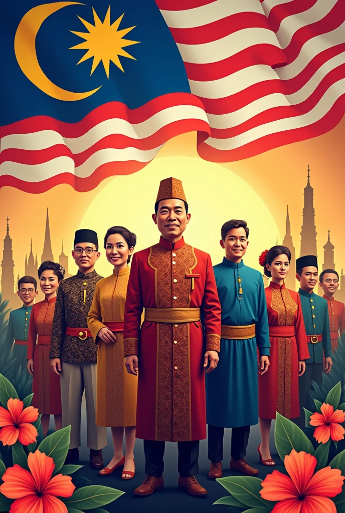 For Malaysia Independence Day, the poster showcases the Jalur Gemilang waving proudly in the background, symbolizing the nation's spirit and unity. Prominent figures like Tunku Abdul Rahman stand alongside iconic landmarks, while a diverse group of people in traditional attire celebrates the country's rich cultural heritage. Traditional motifs such as batik patterns and the Hibiscus flower weave through the design, highlighting Malaysia's unique identity. The vibrant colors of the national flag tie the elements together, creating a powerful tribute to Malaysia's journey to independence.