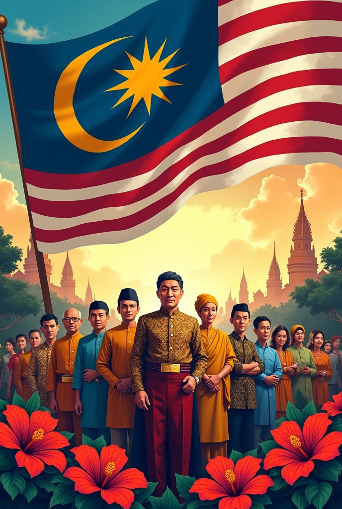 For Malaysia Independence Day, the poster showcases the Jalur Gemilang waving proudly in the background, symbolizing the nation's spirit and unity. Prominent figures like Tunku Abdul Rahman stand alongside iconic landmarks, while a diverse group of people in traditional attire celebrates the country's rich cultural heritage. Traditional motifs such as batik patterns and the Hibiscus flower weave through the design, highlighting Malaysia's unique identity. The vibrant colors of the national flag tie the elements together, creating a powerful tribute to Malaysia's journey to independence.