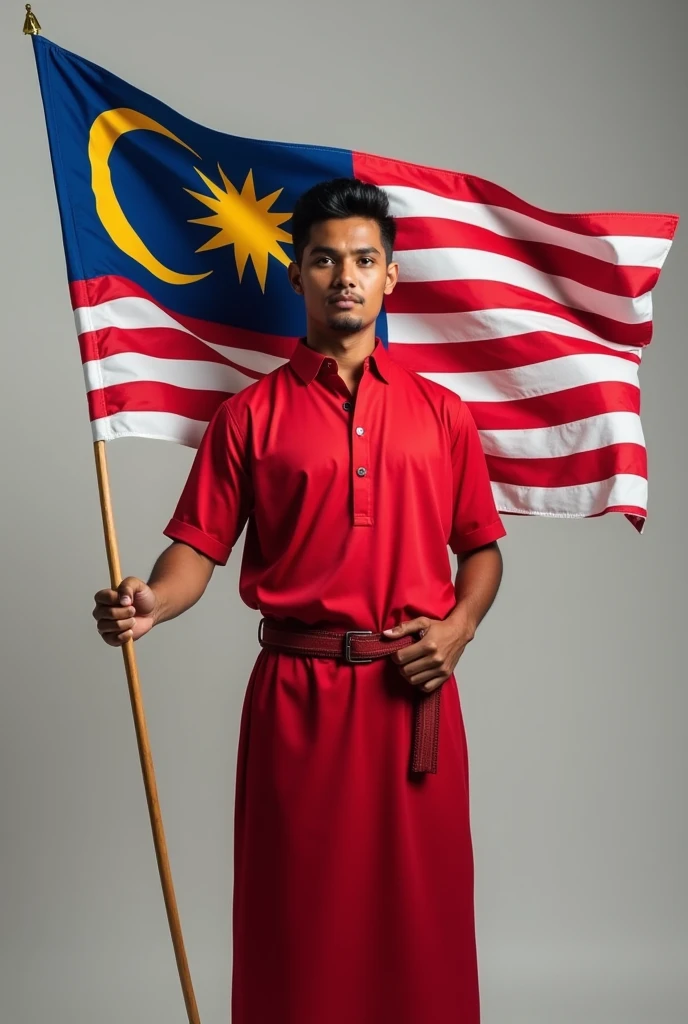 a young malay man dressed in red and holding a perfect Malaysian flag rod without any tears and a star moon that is not upside down and facing forward but only at waist level.
