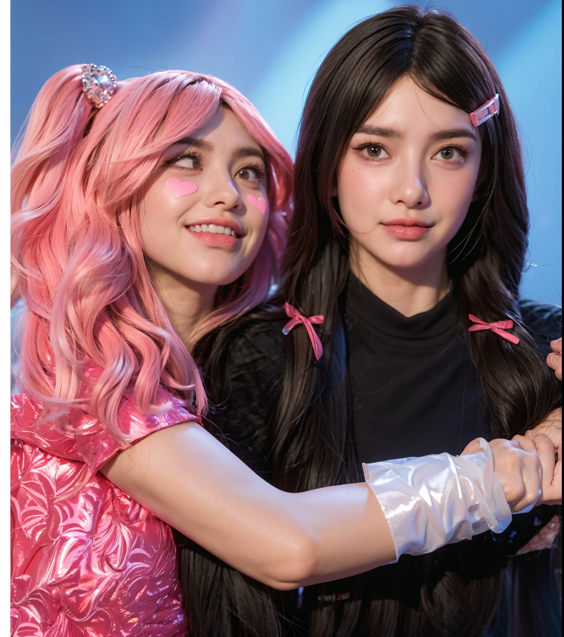 The image shows a young girl in the center, crying with blue tears and looking very sad. On her left is a cheerful woman in pink, smiling and making a heart shape with her hands, surrounded by pink hearts. On the right is a woman dressed in black, looking angry and confrontational, with a dark, rainy background. The girl is caught between these two contrasting emotions. (glossy plastic texture with multiple big light probe refractions), perfect cgi, smooth silhouette, high intensity refraction, (super glossy plastic material), most beautiful vfx, , realistic, 4k, high resolution, rim light, smooth 3d model, multiple light sources, rim light, sharp post effects render,, realistic, 4k, high resolution, rim light detailed digital art, reflective, best quality, 4k, masterpiece:1.2, ultra-detailed, realistic, vivid colors, The image of the highest quality, ensuring every detail showcased perfectly. It in 4k resolution, allowing viewers to immerse themselves in the richness of the colors and intricate details. The realistic rendering. under the spotlight, reflecting, high-resolution image, realistic rendering