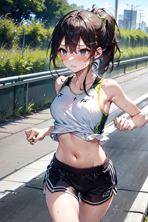 very cute and beautiful girl,Model body type、Belly button、Black dolphin shorts、 (全身にSweatをかく),(Sweat)、blush,ponytail,(Mid-chest),(、((Low - Angle、Dynamic Angle),Drops(((股間から愛液Dropsり落ちる)))、(Expressway)、(Run at full speed)、Painful expression