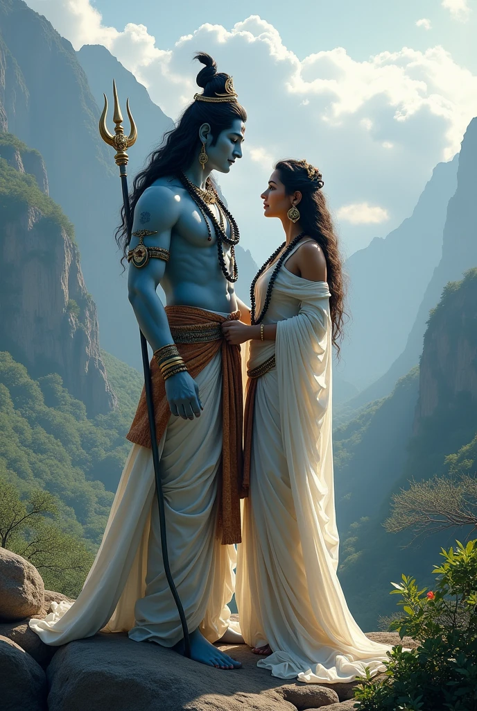 Shiv bhagvaan with parvati devi is standing and shiv bhavaan us shit with beautiful background