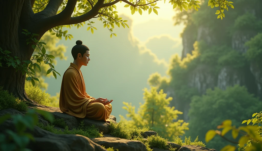 a serene natural a 2 budha setting, sunlight filtering through leaves, individual in contemplative pose, 1 person, detailed face, lush foliage, natural lighting, cinematic shot, photorealistic, intricate details, atmospheric, breathtaking landscape, vibrant colors, (best quality,4k,8k,highres,masterpiece:1.2),ultra-detailed,(realistic,photorealistic,photo-realistic:1.37),HDR,UHD,studio lighting,ultra-fine painting,sharp focus,physically-based rendering,extreme detail description,professional,vivid colors,bokeh,landscape,
