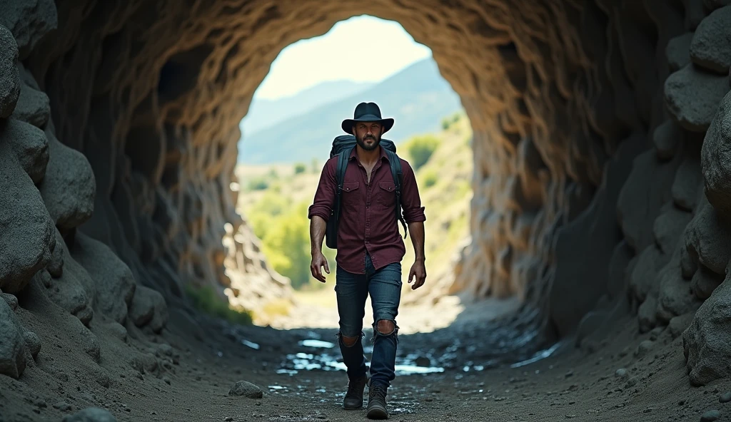 Hyper realistic, a 2 Indonesia man walking alone into a large stone tunnel. Look straight ahead. wearing dark red flannel shirt and dark ripped jeans pants and black hiking hi-shoes with black backward trucker hat, wear dark leather backpack, photoshoot pose, arrogant man expression. He walks into the tunnel, not facing away from the camera. His face is visible clearly and in great detail. The end of the tunnel shows a view of the ancient village of Ternate, North Maluku, Indonesia with the ocean and Ternate mountain. Emphasize the contrast between the dark, rough ground of the tunnel and the bright landscape.