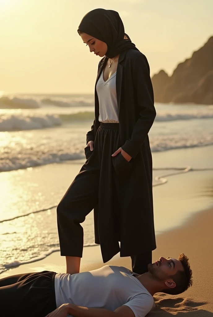 Black headscarf on the beach, black trench coat , white long sleeve t shirt, barefoot, sexy and skinny woman. Man lying on his stomach in front of woman. Woman puts her foot on the front of man&#39;s sweatpants. 
