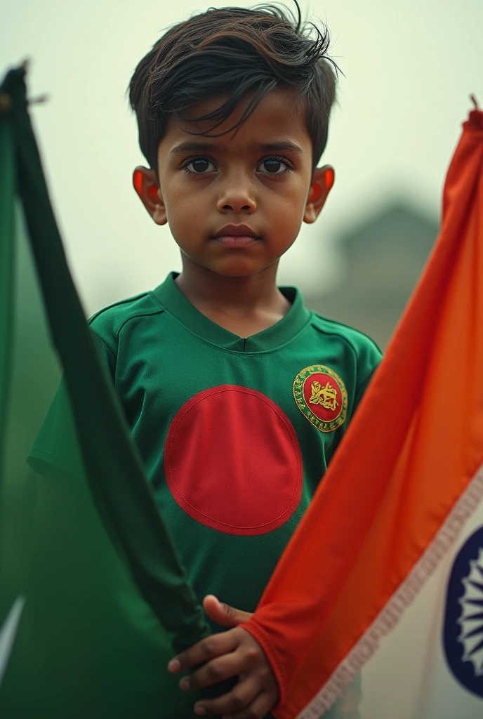 A boy is standing in a jersey with the flag of Bangladesh. He is holding the flag of Pakistan in his hand. The flag of India is under his feet.