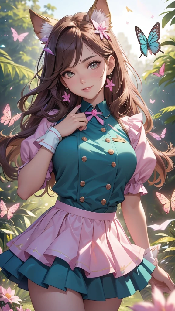 (best quality,4k,8k,highres,masterpiece:1.2),ultra-detailed,(realistic,photorealistic,photo-realistic:1.37),acrylic painting,beautiful Brazilian model in a uniform outfit with downy hair,beautiful Brazilian model with extremely colorful brown hair and detailed facial features,beautiful Brazilian model standing in a beautiful garden sakura flowers, long hair,cat ears, hair bows, glitter sparkling uniform skirt outfits, smile, happy face,light brownhair,butterflies, brown eyes, mature woman, older woman, 30 year old, adult woman. Older lady, posing,Solo, teal and pink butterflies, close up, teal and pink