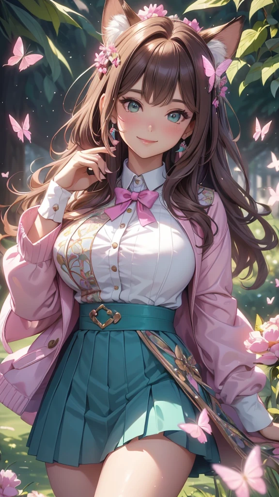 (best quality,4k,8k,highres,masterpiece:1.2),ultra-detailed,(realistic,photorealistic,photo-realistic:1.37),acrylic painting,beautiful Brazilian model in a uniform outfit with downy hair,beautiful Brazilian model with extremely colorful brown hair and detailed facial features,beautiful Brazilian model standing in a beautiful garden sakura flowers, long hair,cat ears, hair bows, glitter sparkling uniform skirt outfits, smile, happy face,light  brownhair,butterflies, brown eyes,  mature woman, older woman, 30 year old, adult woman. Older lady, posing,Solo, teal and pink butterflies, close up,  teal and pink