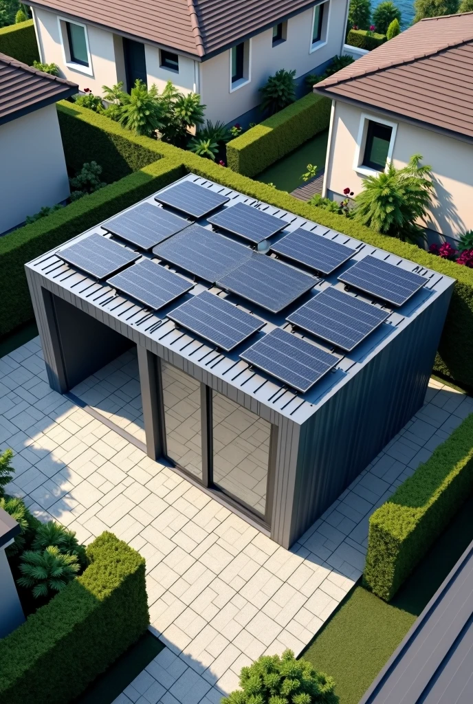 Draw a rectangular shed measuring 8 meters x 15 meters, within a fully paved terrain, 12 meters X 25 meters in an urban area with houses on both sides left right front back.
Place Solar Panels on the entire Shed Roof in a modern and clean style, use uniform rectangles and a pattern that suggests high technology,