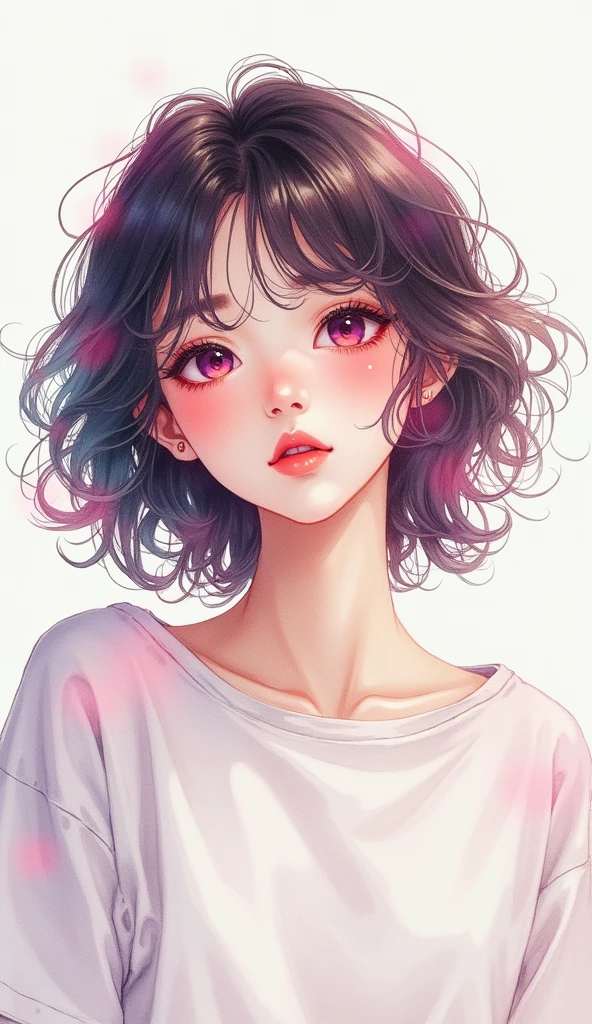 (masterpiece),(Highest quality:1.1),(Very detailed),Best illustrations,In detail,(Portraiture:1.1),(Intense close-up),Watercolor)floating,One girl,alone,,slim,(Very delicate and beautiful face),(fine pink eyes),Pink thick lips,(Disheveled Hair),(Wearing a loose T-shirt),Soft and lazy,(Simple Background:1.2)Overall colored background,clear,4K