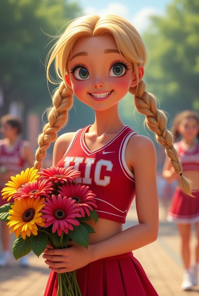 middle school student, long blond braided hair two, cheerleader, tshirt red, bot red, red clothing, cheerleading, happy, hand holding cheerleading flowers.