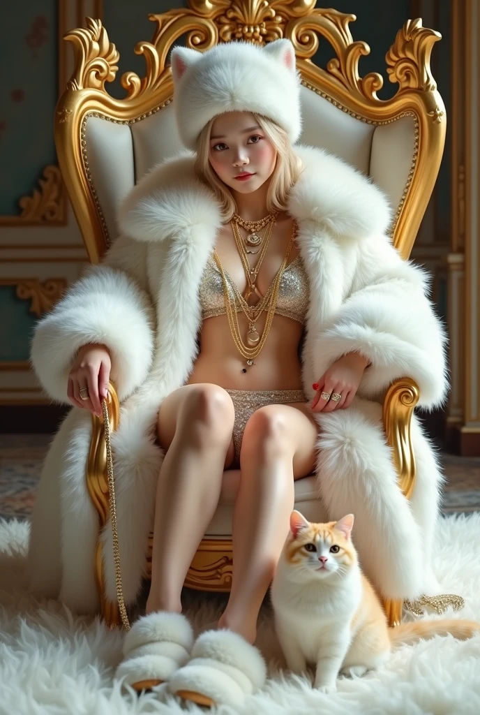 HD, high quality, sexy cute woman, asian, young, korean student,10years old, realistic, real,8k, clean, teenager woman with blonde gorgeous hair, pale skin, her face is also very beautiful and looks mature. sexy, She has a fit body. wearing huge white fur coat, big mink fur hat, fur coat covering all the body, wearing big fur hat, sitting on golden throne on the fur mug, 6 gold necklaces, princess handsome, petting cat, cat has gold necklace, cat with gold, gorgeous face, she has slim body,wearing huge white fur coat, many jewelry, alots of gold jewelry, every finger has golden rings, 10 golden huge giant rings, her sexy leg , she wearing fur slippers, holding a whip, super huge titties, big hips,
