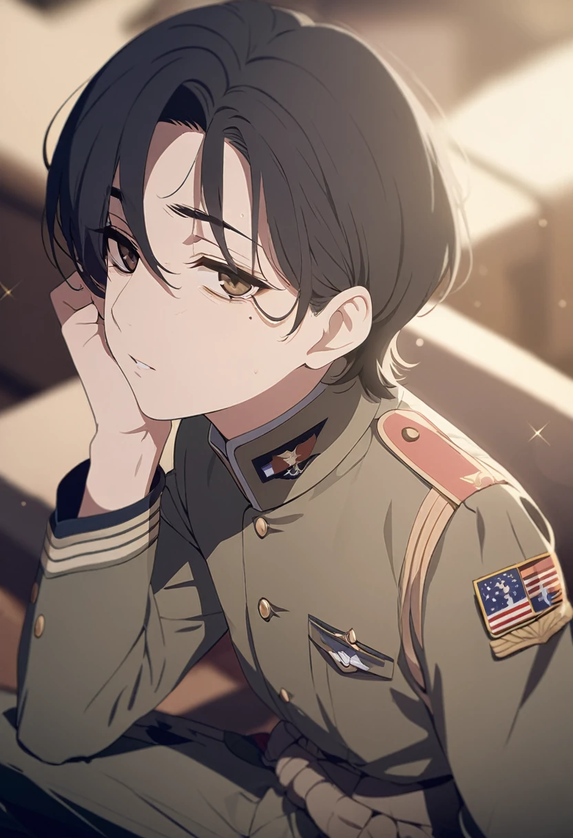 masterpiece,best quality,depth of field,8k,Looking at the viewer,man,black hair,brown eyes,(charismatic eyes 1:1),chic,alone,Has dark circles under their eyes,sitting,U.s. military,Looking up