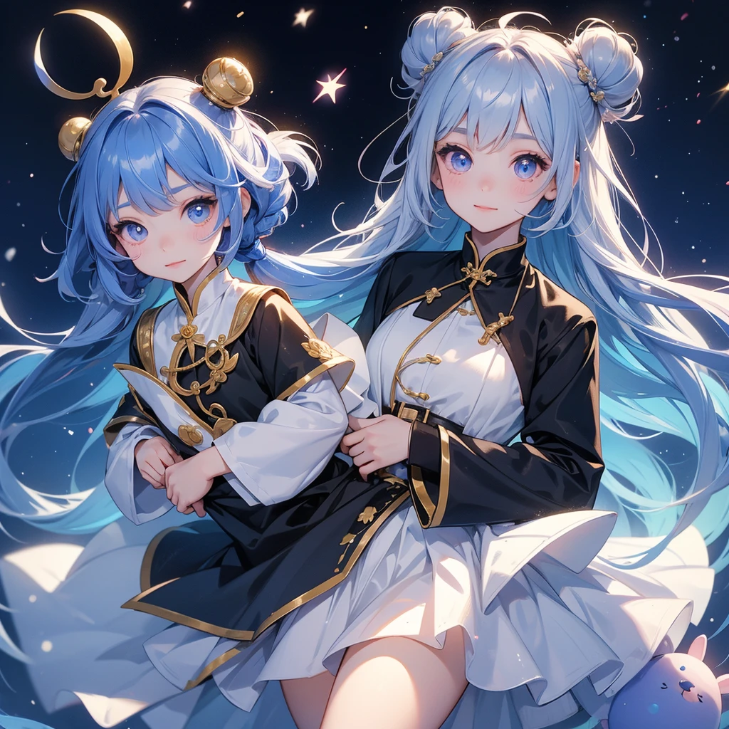 A chibi child girl had a small face and Wearing white little Taoist priest's outfit. A pair of big round eyes shone with curiosity about him. This child was so cute, Background is a dark night, with moonlight and millions of stars, twinkling everywhere, with blue light

her hair is black with two buns on her hair.small chibi, chibi baby, smiling ,Chibi.

