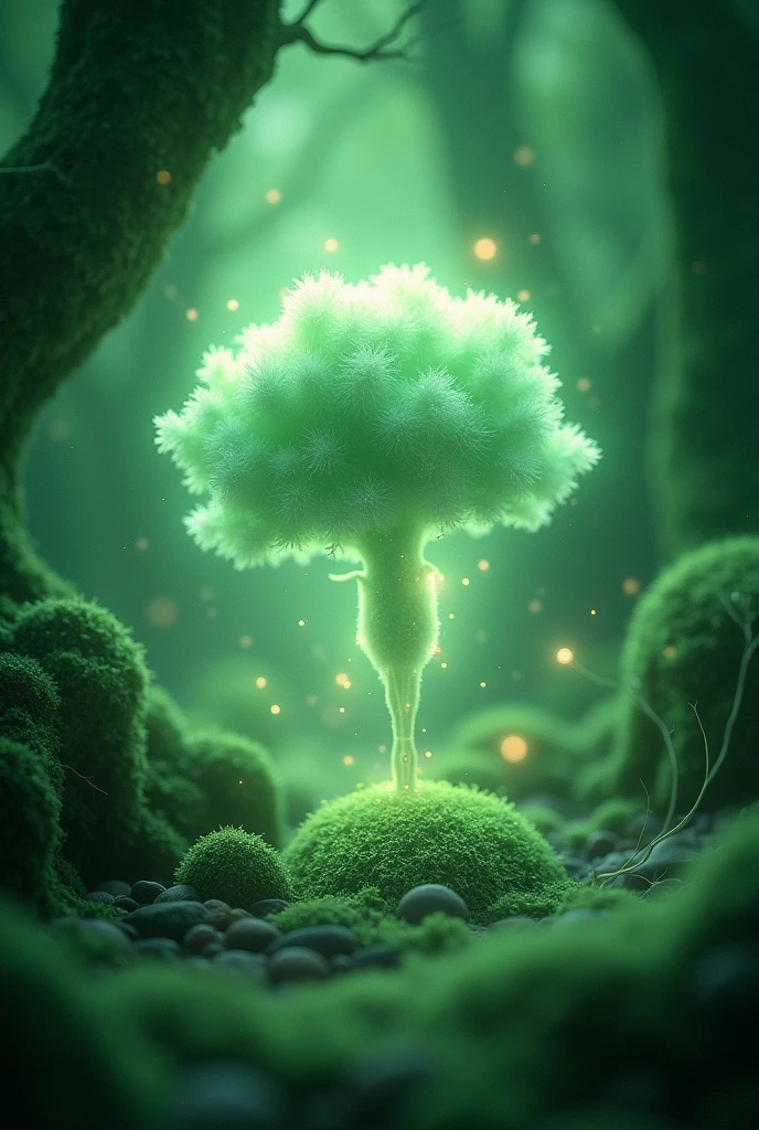 A thought flying in a magical green space and in the middle of the image it is written: Dumka Nova AI, sophisticated letters