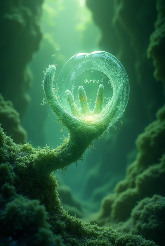 A thought flying in a magical green space and in the middle of the image it is written: Dumka Nova AI, sophisticated letters