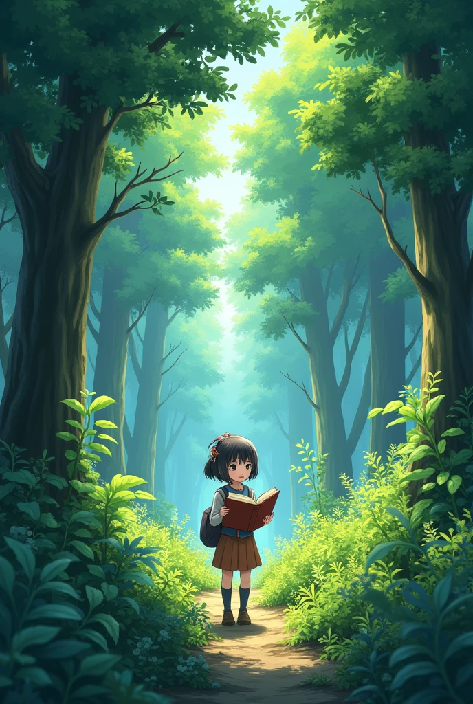 Anime in the green forest with book